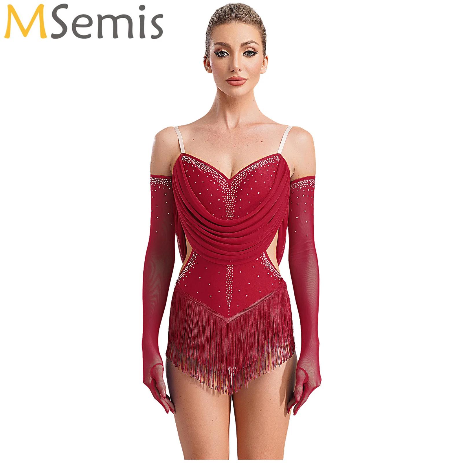 Rhinestone Banding Trim - Mulheres ruched malha borla dança latina